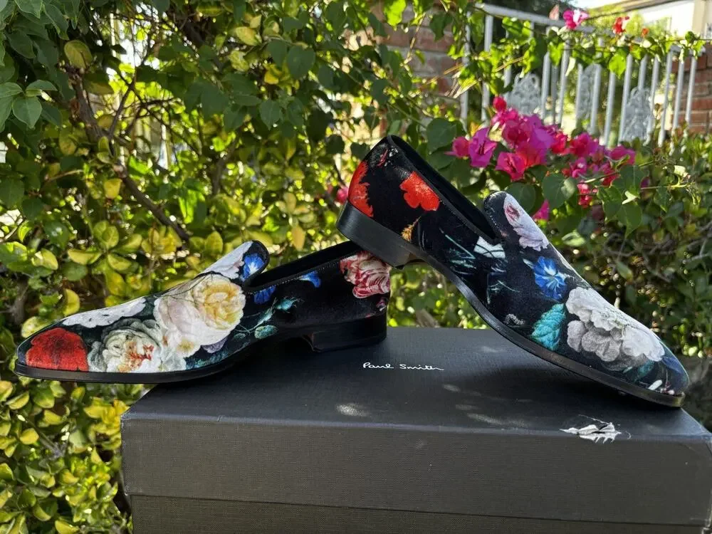 Paul Smith Tudor Velvet Loafer Shoes Floral Black Sz 39 US 6